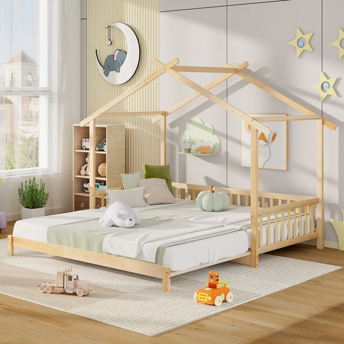 Extendable House Bed Twin to King Daybed with Roof and Fence Rails-Trundle Bed Frame-DECOROLALA