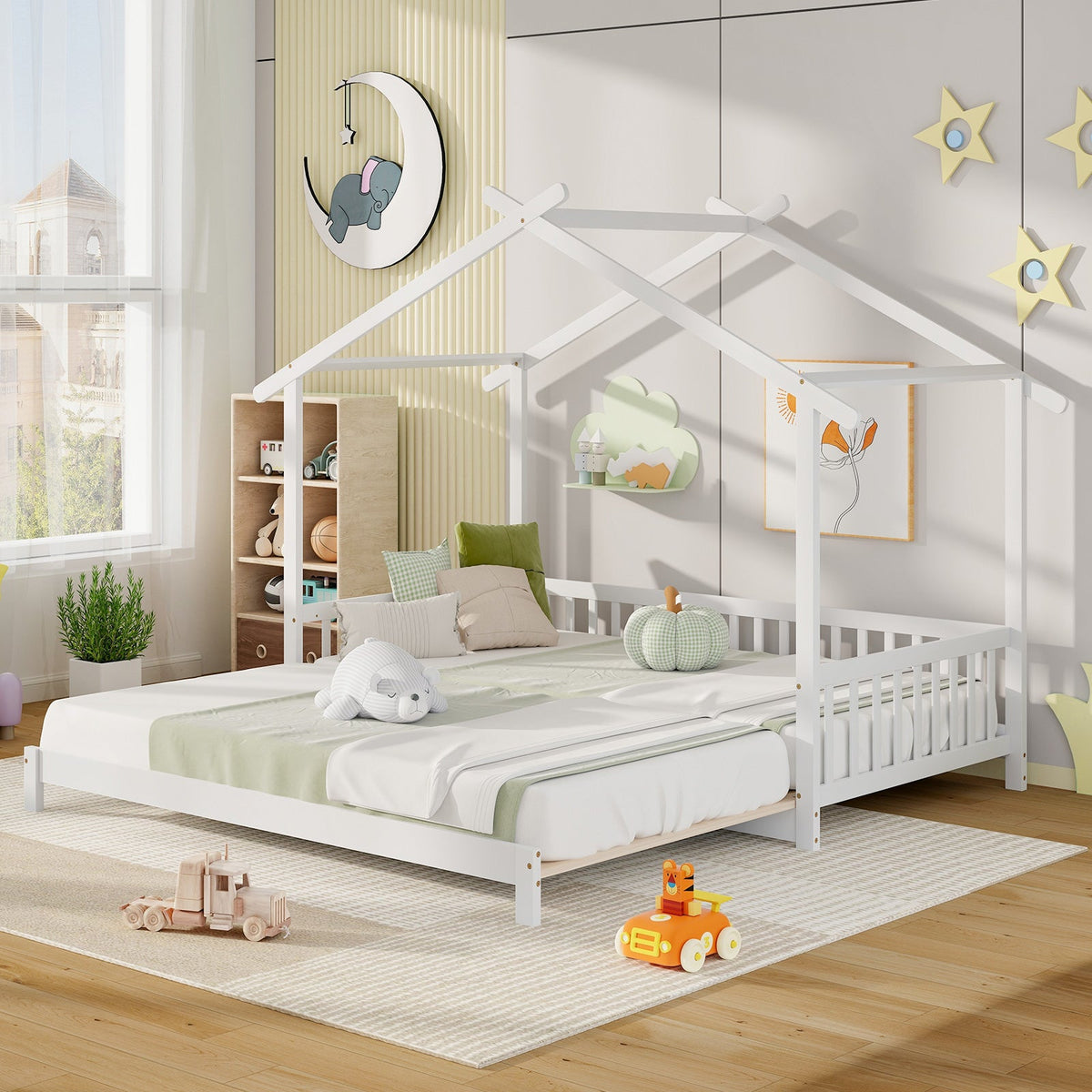 Extendable House Bed Twin to King Daybed with Roof and Fence Rails-Trundle Bed Frame-DECOROLALA