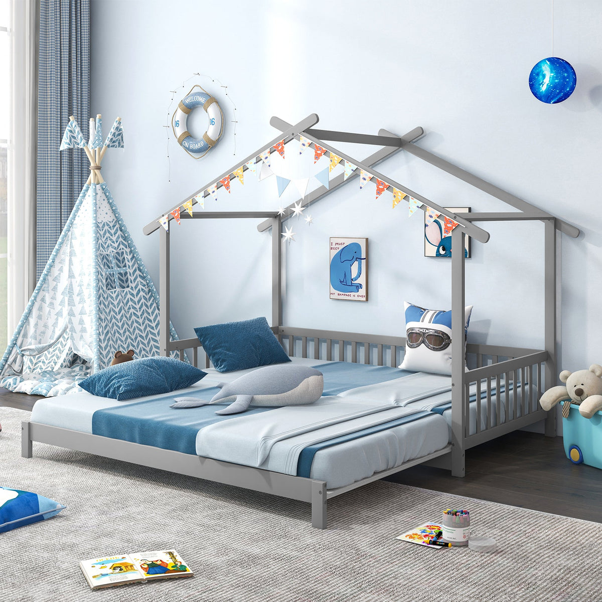 Extendable House Bed Twin to King Daybed with Roof and Fence Rails-Trundle Bed Frame-DECOROLALA
