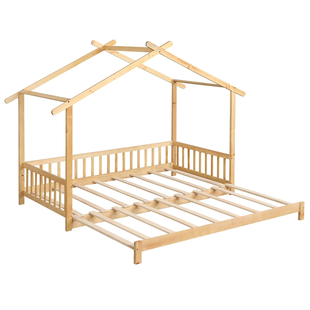 Extendable House Bed Twin to King Daybed with Roof and Fence Rails-Trundle Bed Frame-DECOROLALA