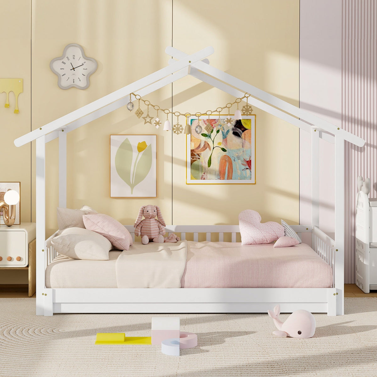 Extendable House Bed Twin to King Daybed with Roof and Fence Rails-Trundle Bed Frame-DECOROLALA