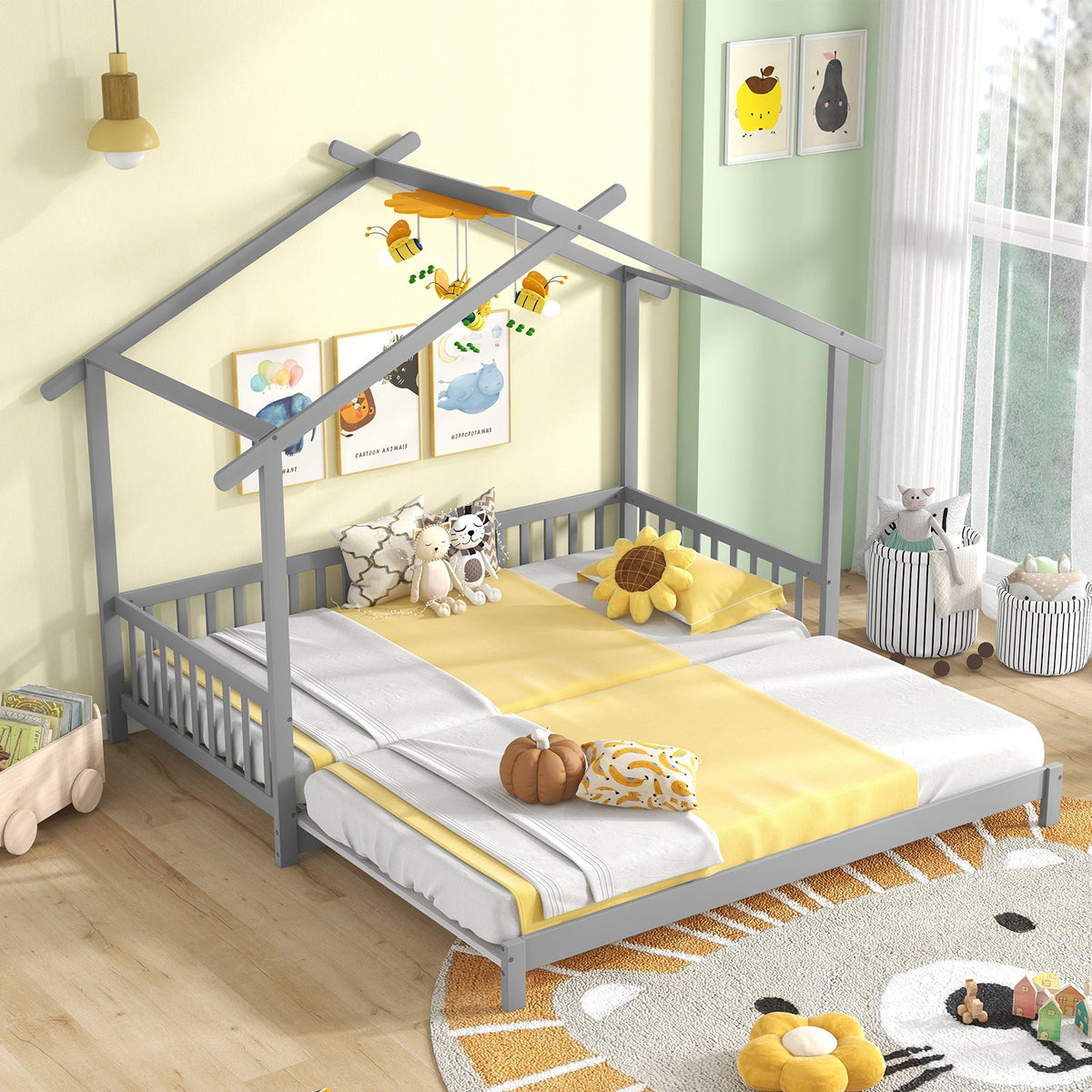 Extendable House Bed Twin to King Daybed with Roof and Fence Rails-Trundle Bed Frame-DECOROLALA