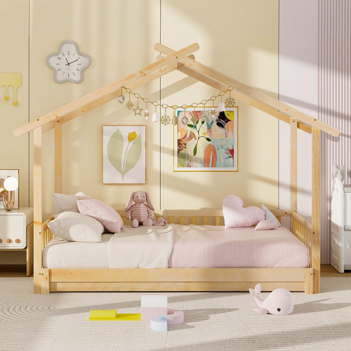 Extendable House Bed Twin to King Daybed with Roof and Fence Rails-Trundle Bed Frame-DECOROLALA