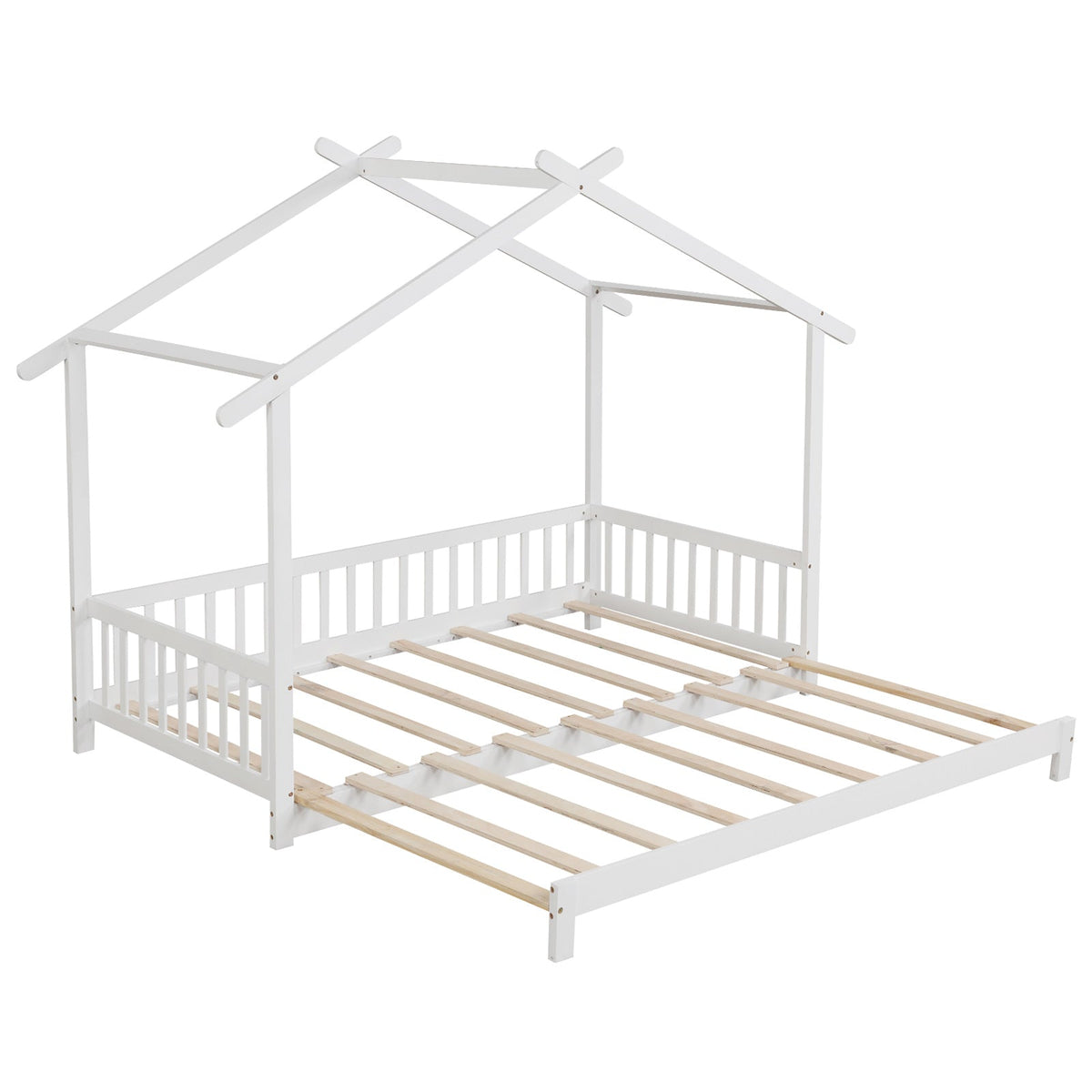 Extendable House Bed Twin to King Daybed with Roof and Fence Rails-Trundle Bed Frame-DECOROLALA