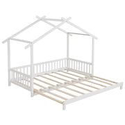Extendable House Bed Twin to King Daybed with Roof and Fence Rails-Trundle Bed Frame-DECOROLALA