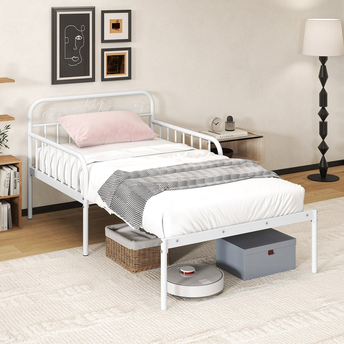Extendable Metal Daybed to Twin Size Bed with Guardrails and Armrests-Trundle Bed Frame-DECOROLALA