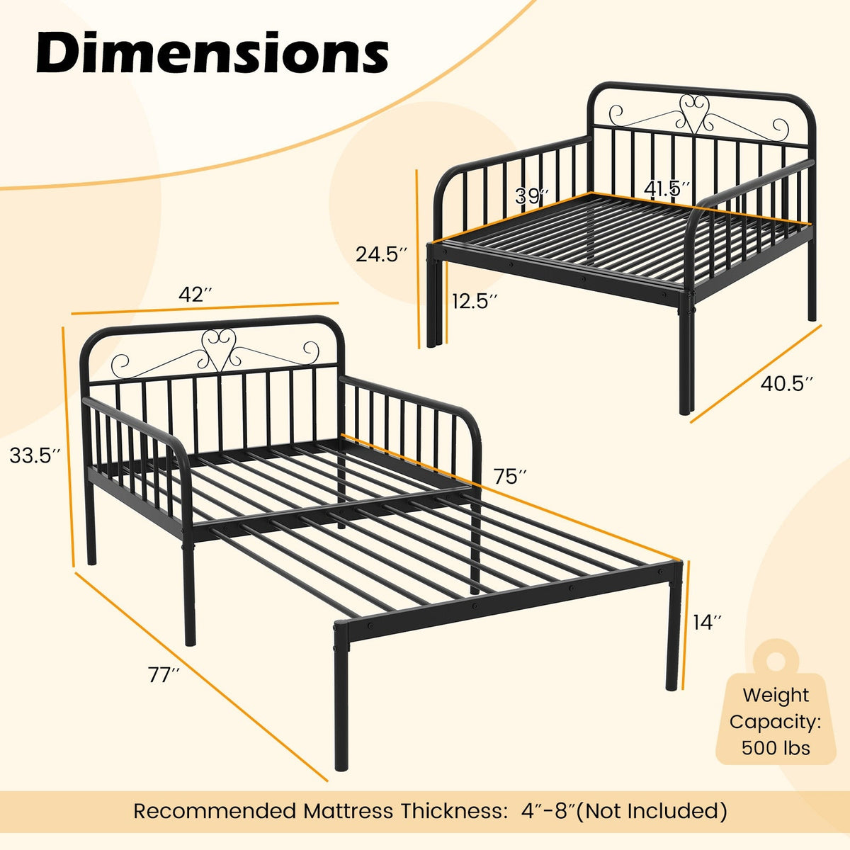 Extendable Metal Daybed to Twin Size Bed with Guardrails and Armrests-Trundle Bed Frame-DECOROLALA