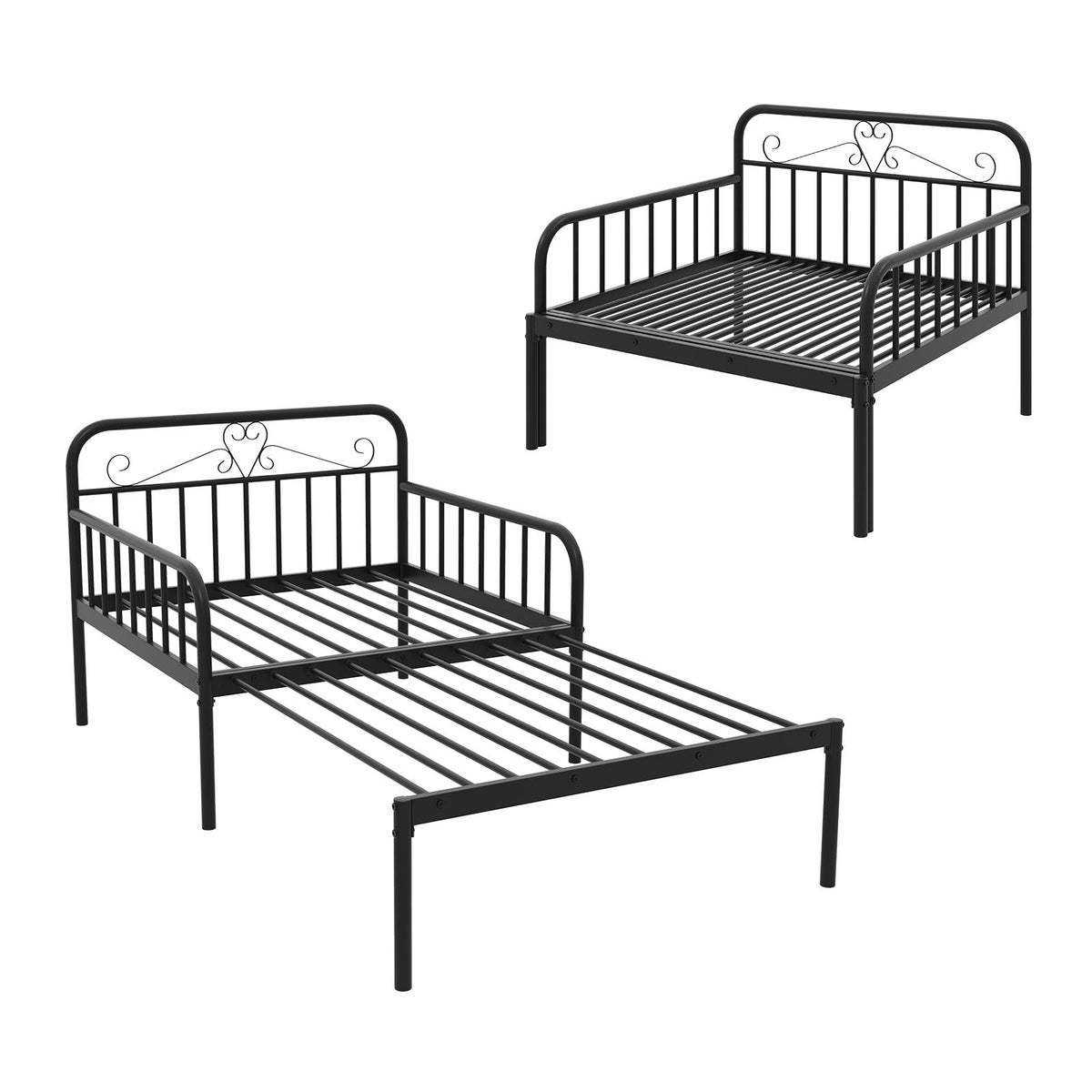 Extendable Metal Daybed to Twin Size Bed with Guardrails and Armrests-Trundle Bed Frame-DECOROLALA
