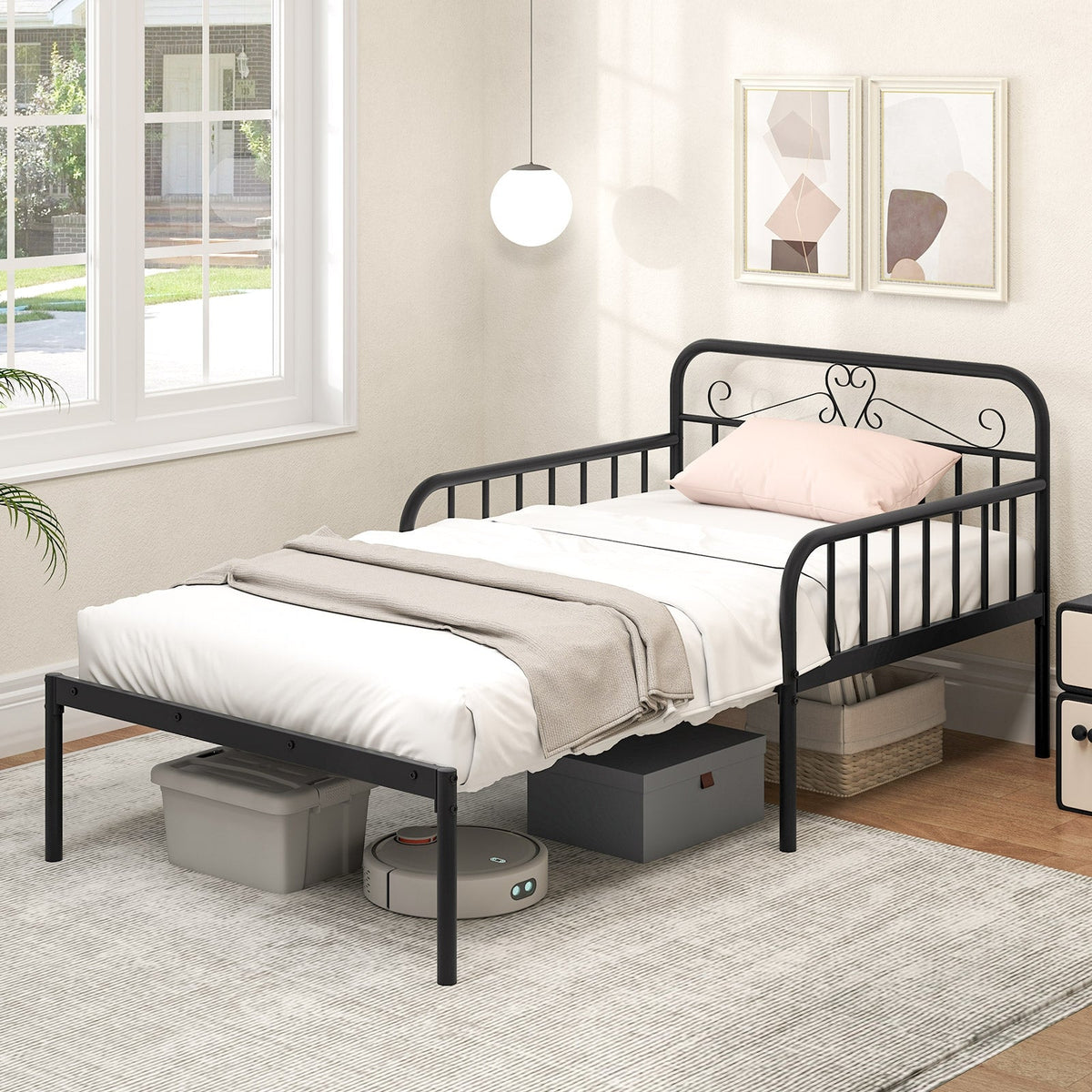 Extendable Metal Daybed to Twin Size Bed with Guardrails and Armrests-Trundle Bed Frame-DECOROLALA