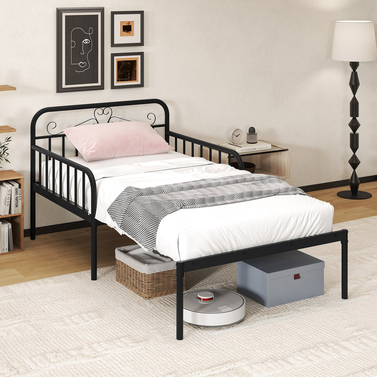 Extendable Metal Daybed to Twin Size Bed with Guardrails and Armrests-Trundle Bed Frame-DECOROLALA