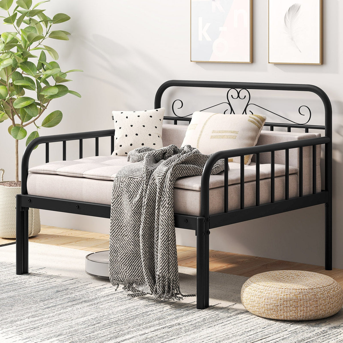 Extendable Metal Daybed to Twin Size Bed with Guardrails and Armrests-Trundle Bed Frame-DECOROLALA