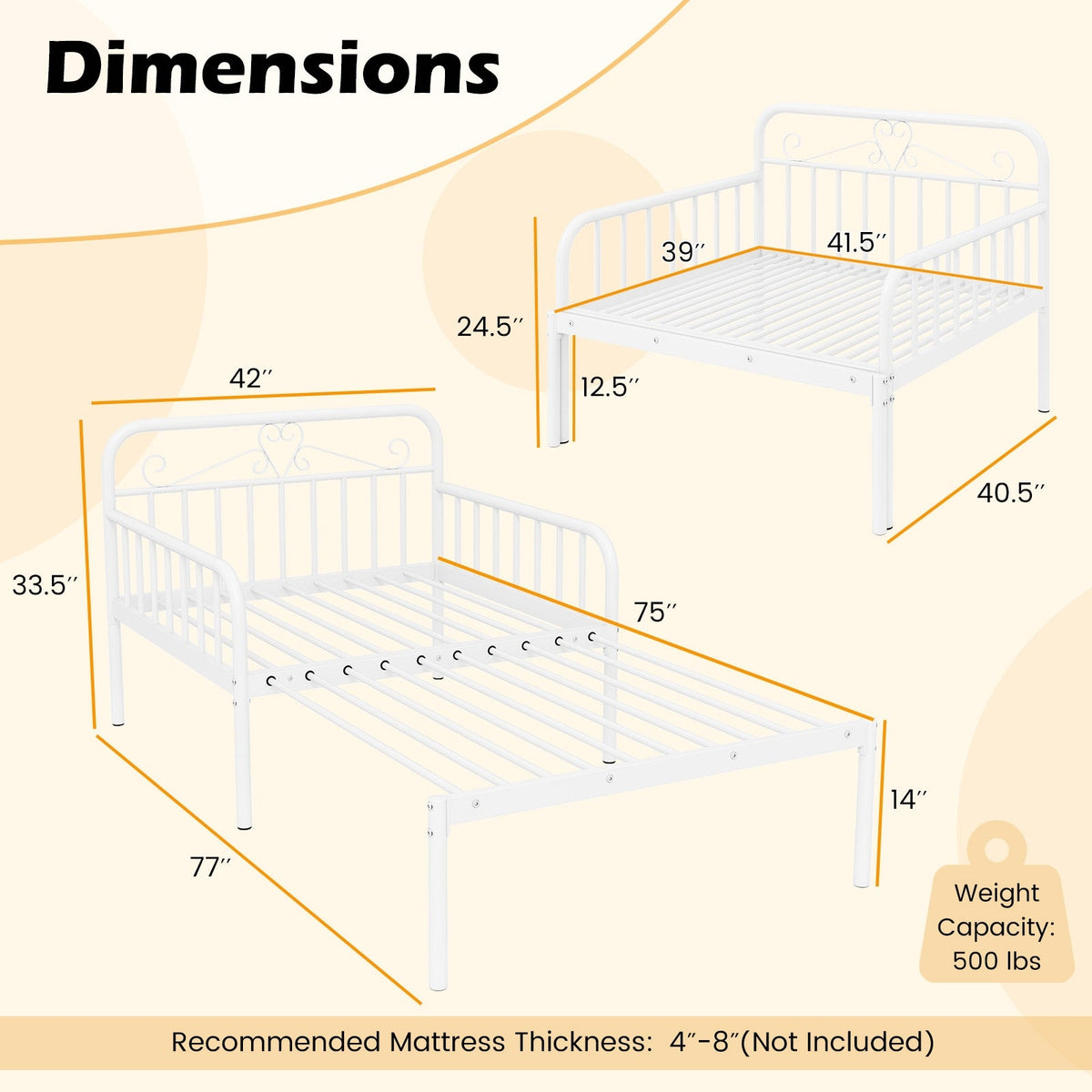 Extendable Metal Daybed to Twin Size Bed with Guardrails and Armrests-Trundle Bed Frame-DECOROLALA