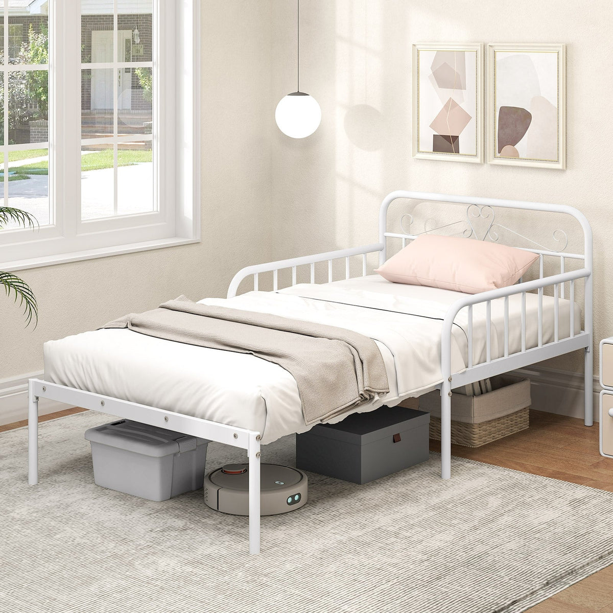 Extendable Metal Daybed to Twin Size Bed with Guardrails and Armrests-Trundle Bed Frame-DECOROLALA