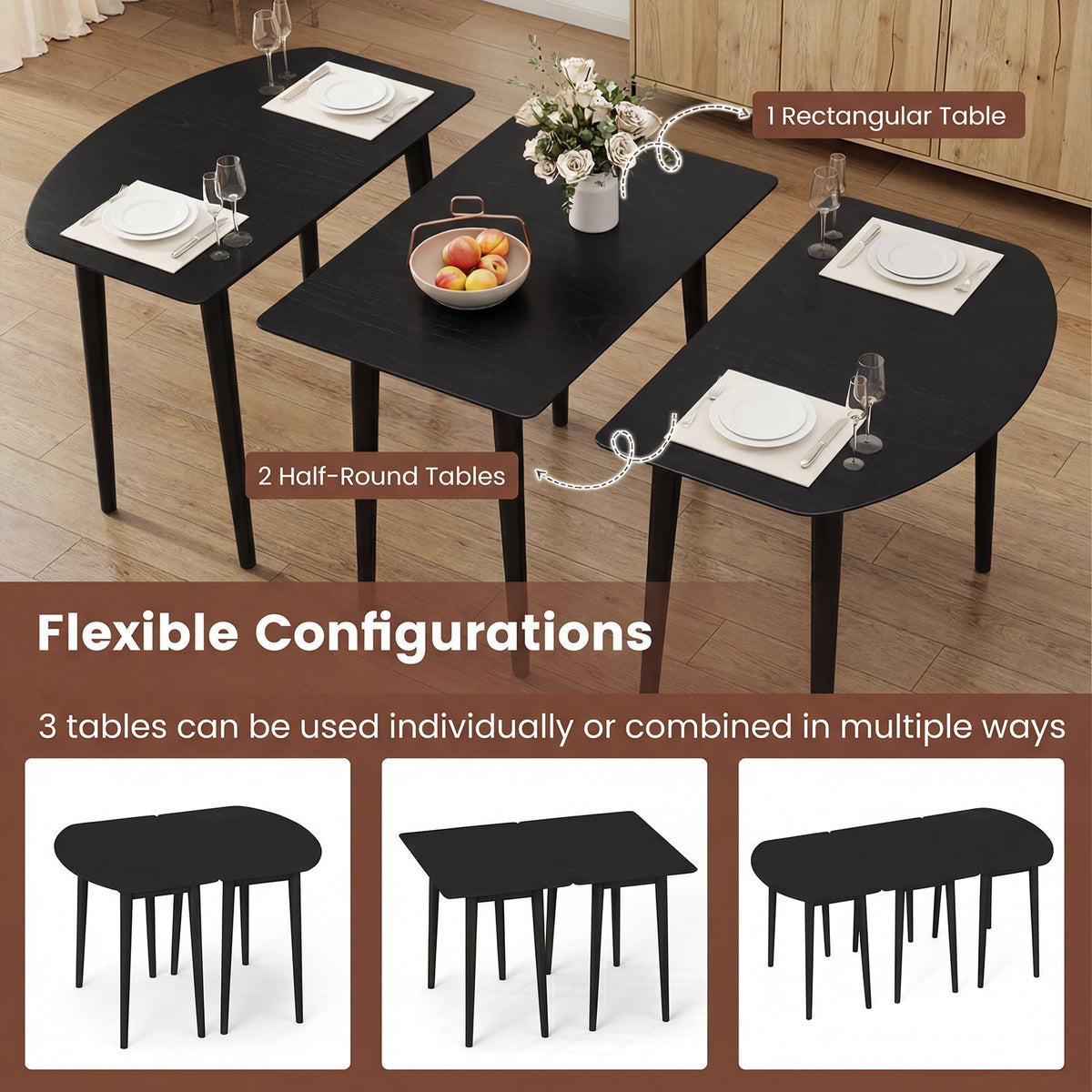 Extendable Oval Dining Table Set with 2 Half-Round Tables for 4-6 People-Black-Dining Tables-DECOROLALA