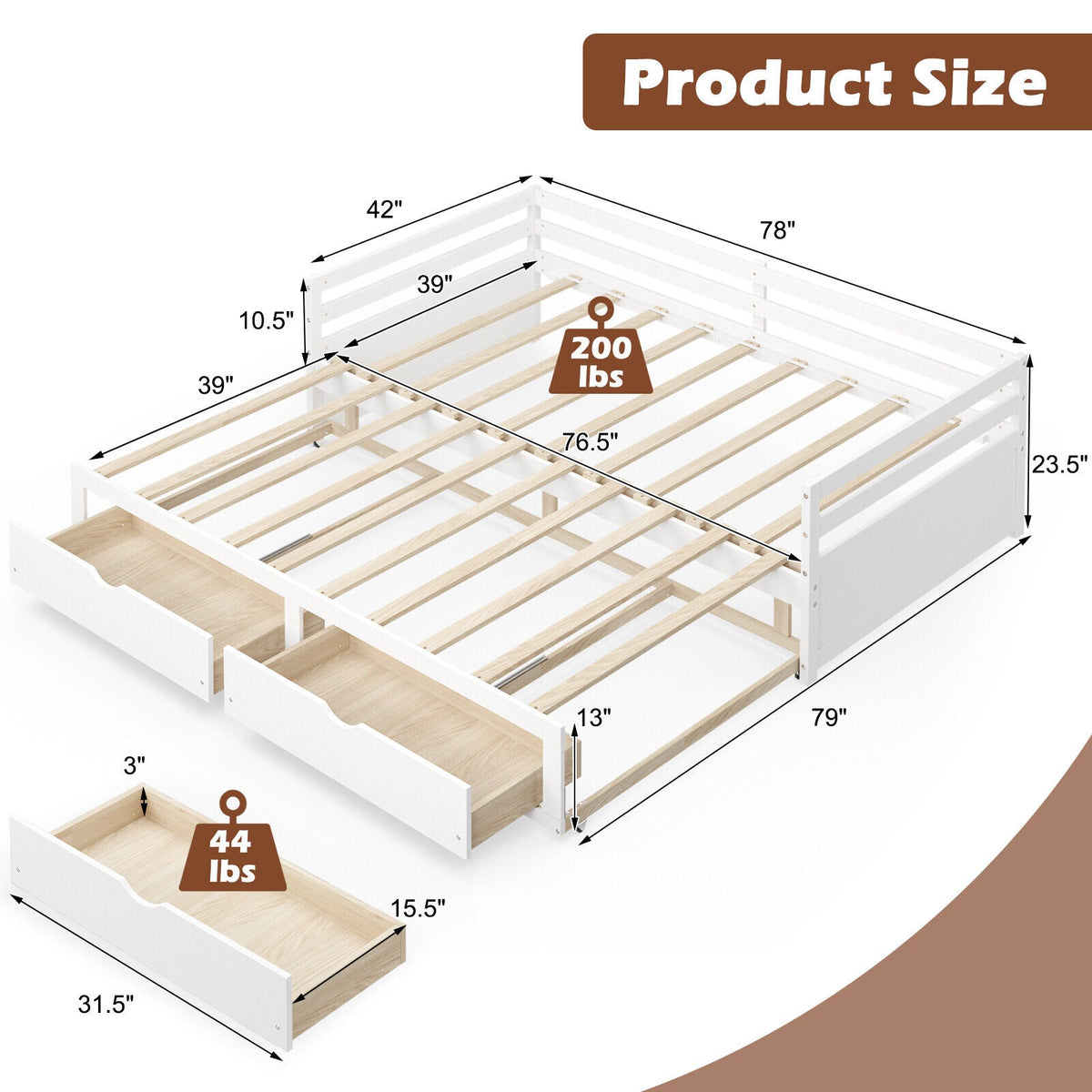 Extendable Twin to King Daybed with Trundle and 2 Storage Drawers-Trundle Bed Frame-DECOROLALA