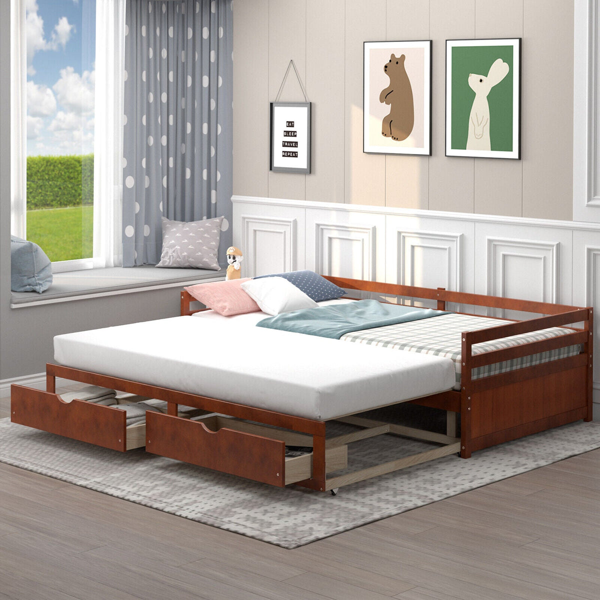 Extendable Twin to King Daybed with Trundle and 2 Storage Drawers-Trundle Bed Frame-DECOROLALA