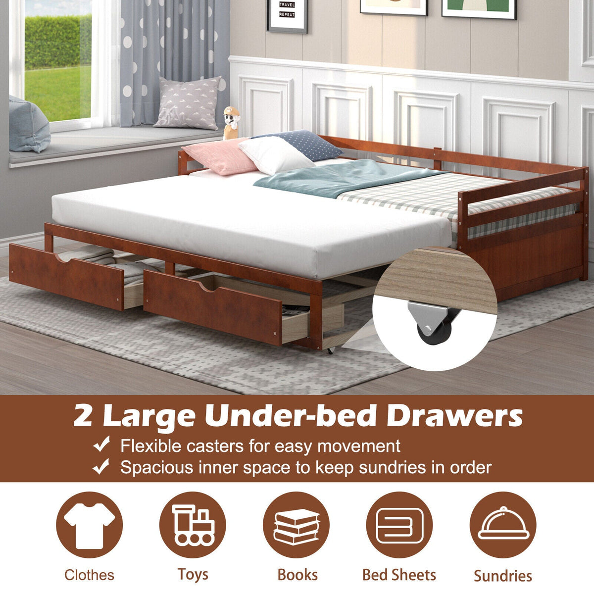 Extendable Twin to King Daybed with Trundle and 2 Storage Drawers-Trundle Bed Frame-DECOROLALA