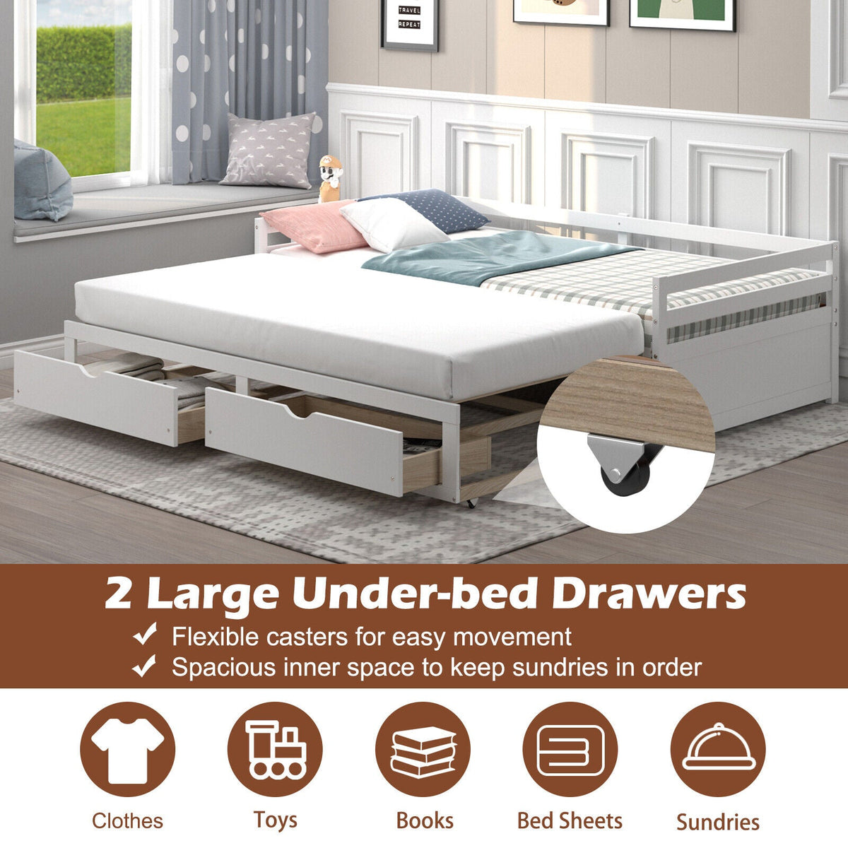 Extendable Twin to King Daybed with Trundle and 2 Storage Drawers-Trundle Bed Frame-DECOROLALA