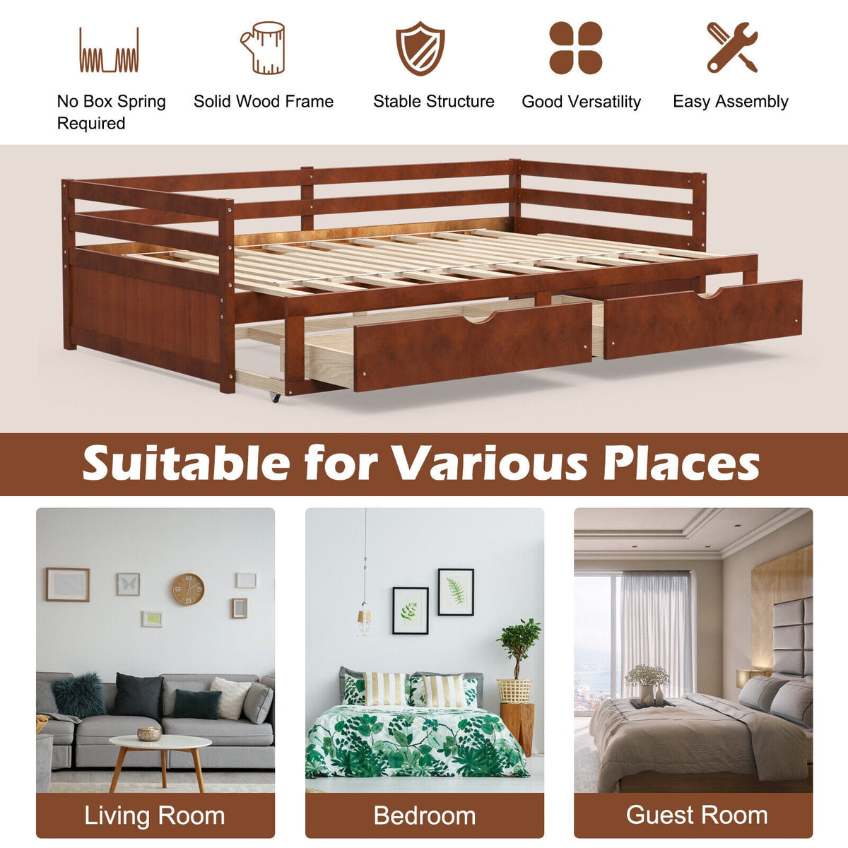 Extendable Twin to King Daybed with Trundle and 2 Storage Drawers-Trundle Bed Frame-DECOROLALA
