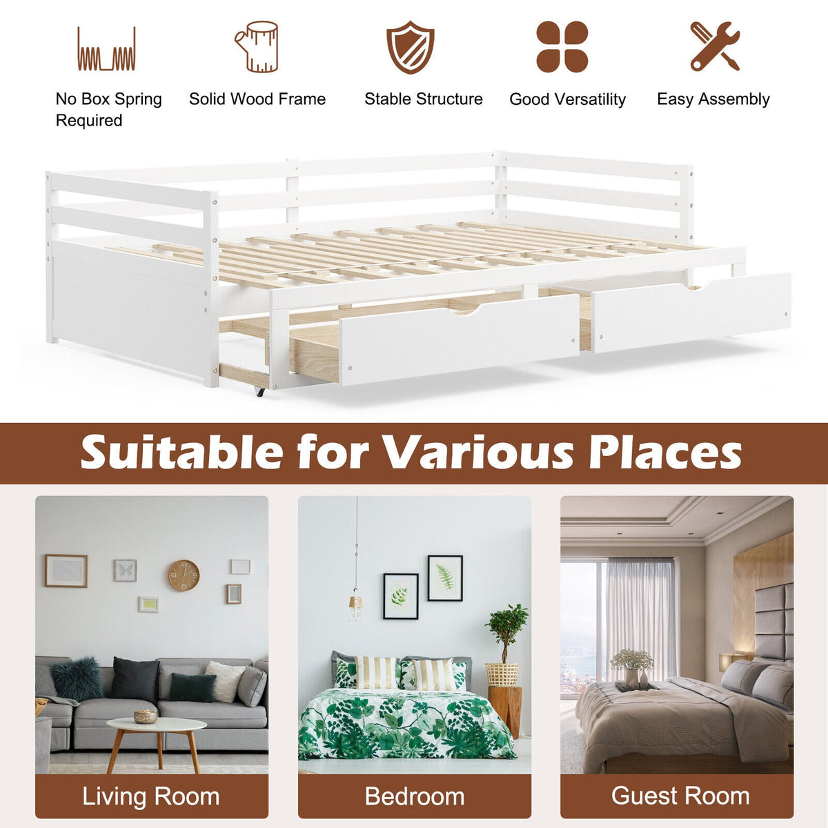Extendable Twin to King Daybed with Trundle and 2 Storage Drawers-Trundle Bed Frame-DECOROLALA