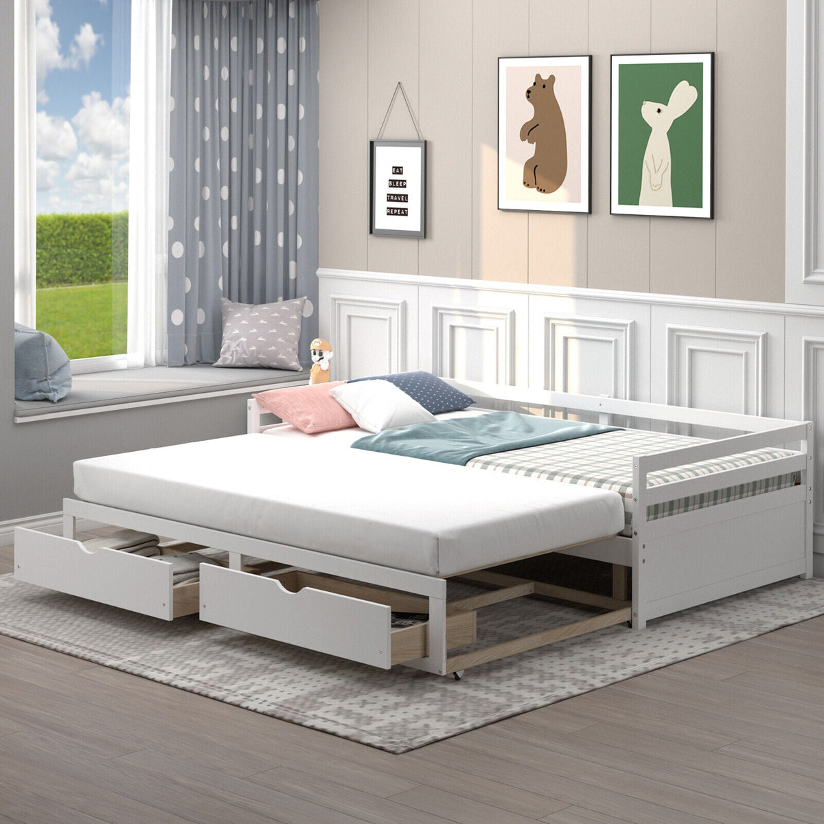 Extendable Twin to King Daybed with Trundle and 2 Storage Drawers-Trundle Bed Frame-DECOROLALA