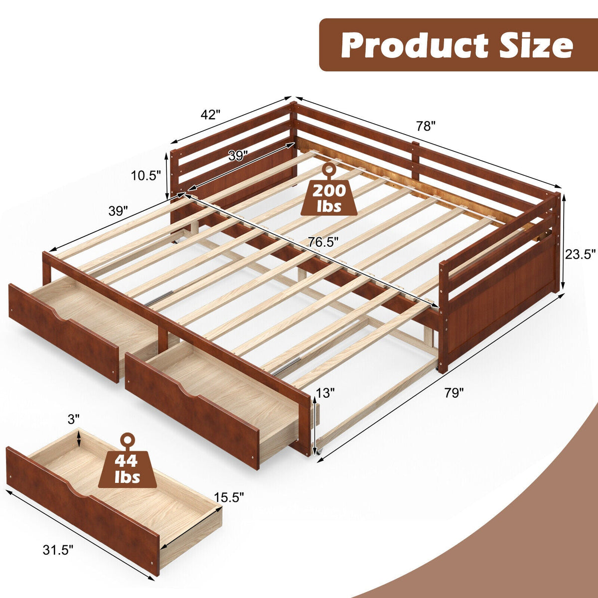 Extendable Twin to King Daybed with Trundle and 2 Storage Drawers-Trundle Bed Frame-DECOROLALA