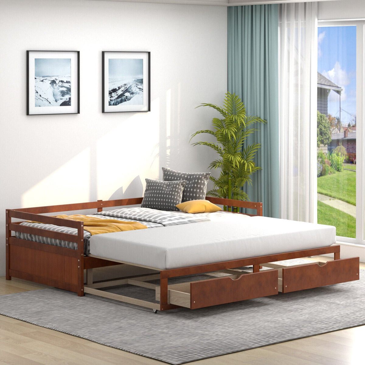 Extendable Twin to King Daybed with Trundle and 2 Storage Drawers-Trundle Bed Frame-DECOROLALA