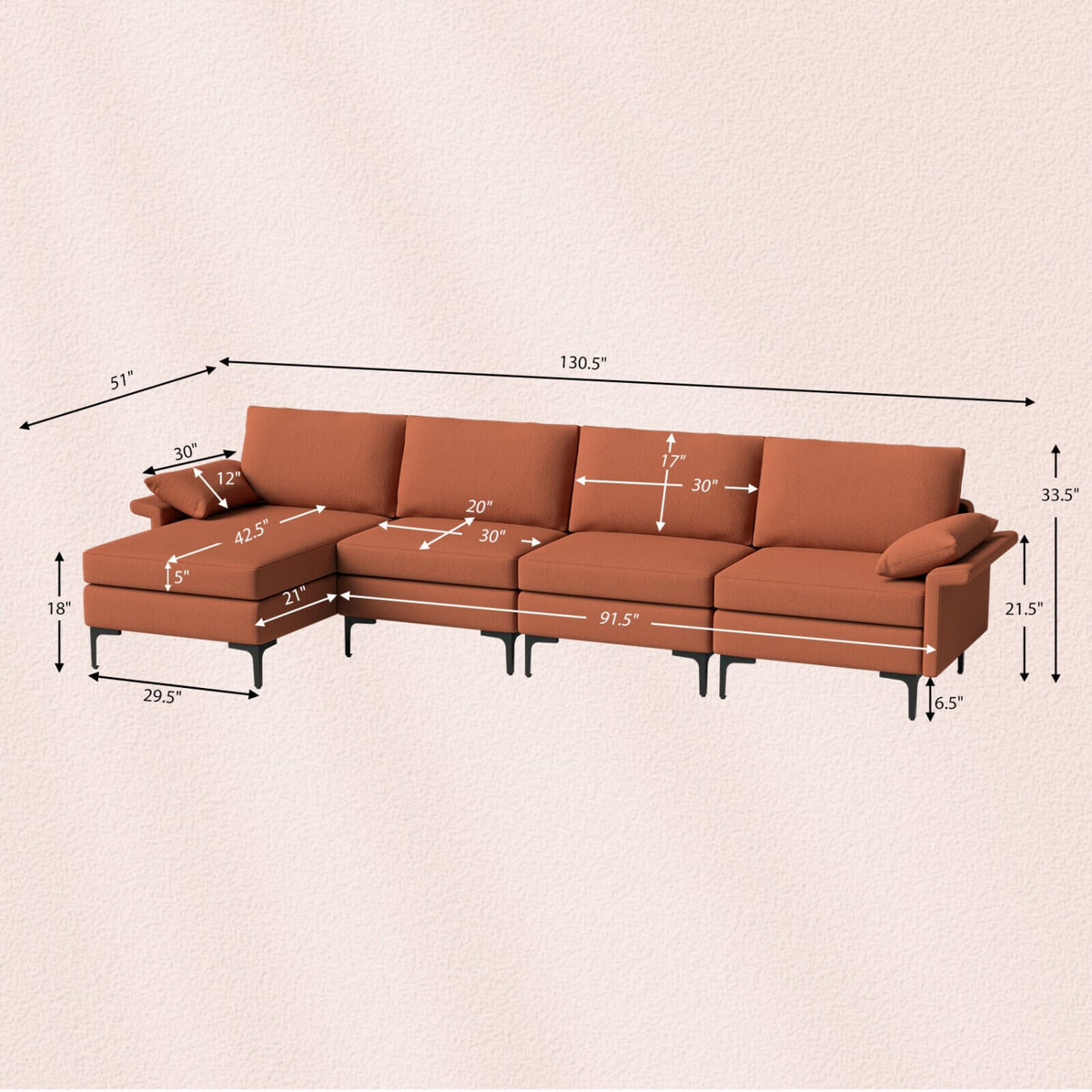Extra Large L-Shaped Sectional Sofa with Reversible Chaise - Rust Red-Sofas & Loveseats-DECOROLALA