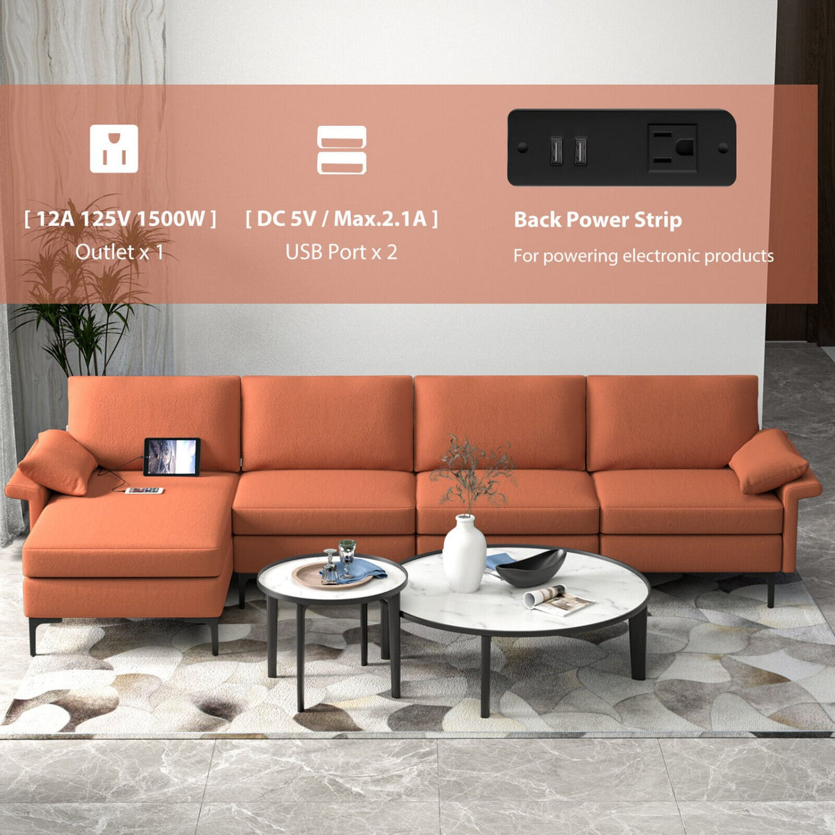 Extra Large L-Shaped Sectional Sofa with Reversible Chaise - Rust Red-Sofas & Loveseats-DECOROLALA