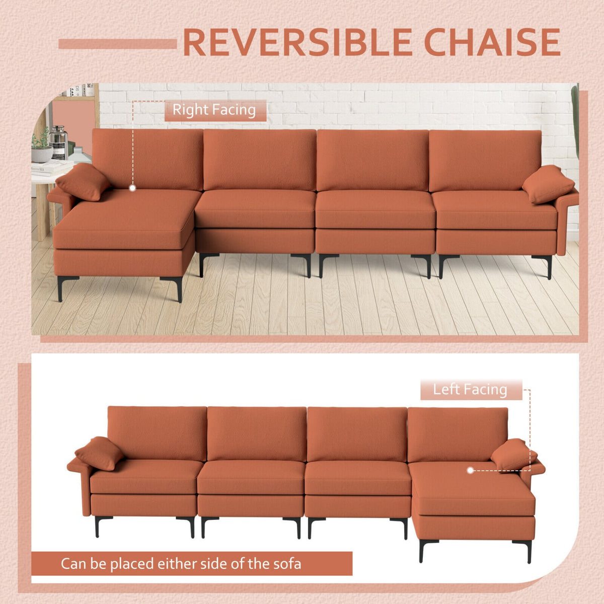 Extra Large L-Shaped Sectional Sofa with Reversible Chaise - Rust Red-Sofas & Loveseats-DECOROLALA