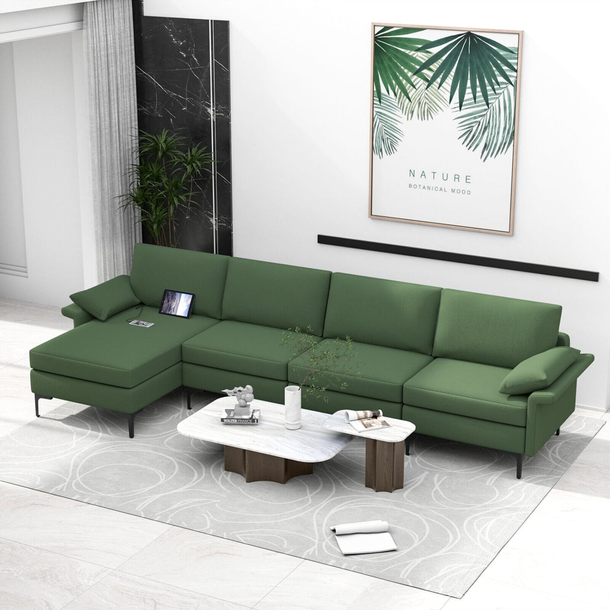 Extra Large L-Shaped Sectional Sofa with USB - Army Green-Sofas & Loveseats-DECOROLALA