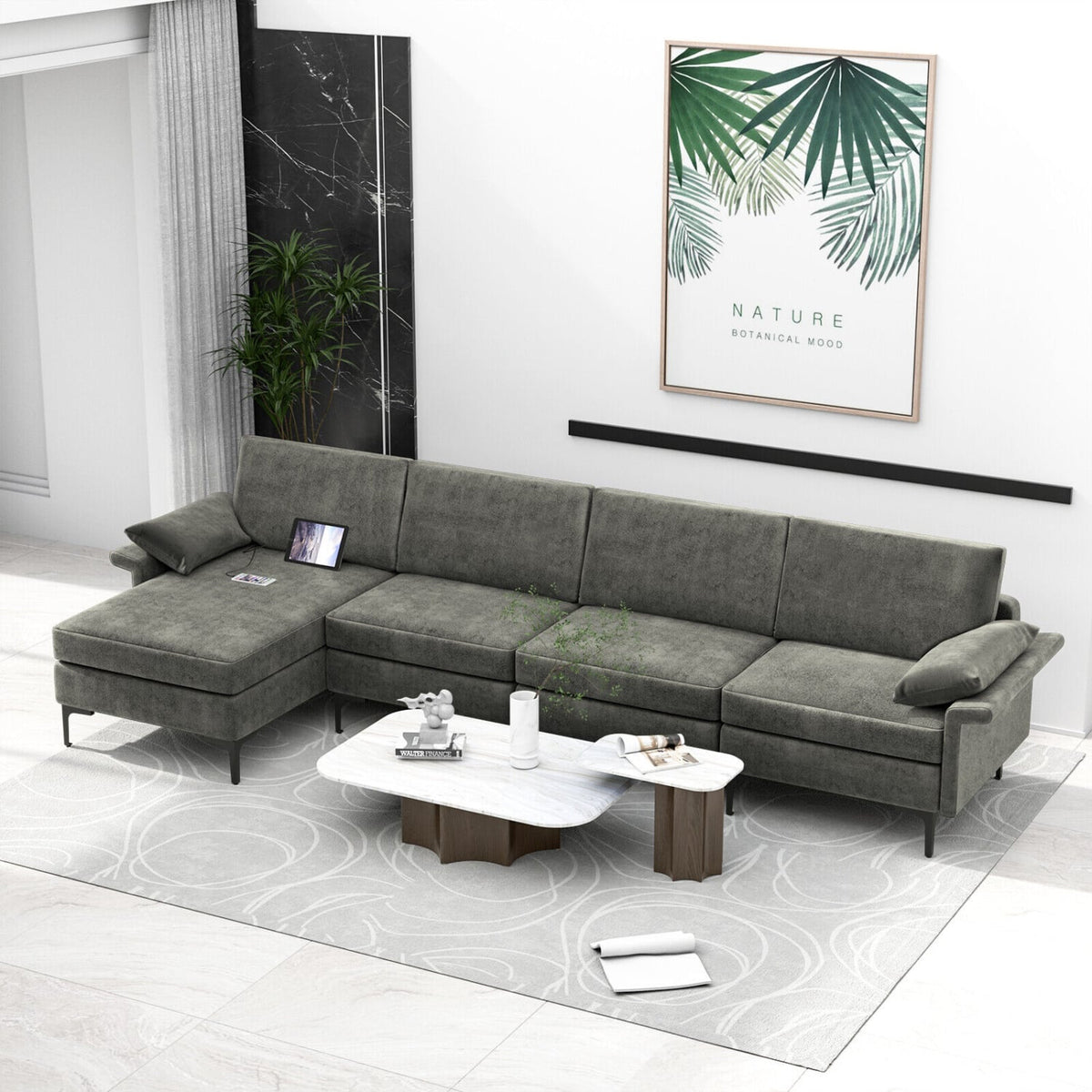 Extra Large L-Shaped Sectional Sofa with USB Ports - Gray-Sofas & Loveseats-DECOROLALA