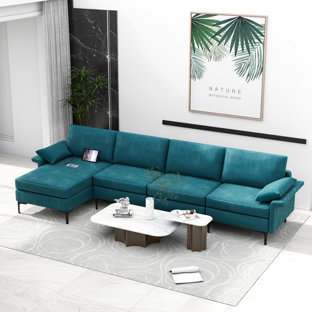 Extra Large L-shaped Sectional Sofa with Reversible Chaise and 2 USB Ports for 4-5 People-Peacock Blue-Sofas & Loveseats-DECOROLALA