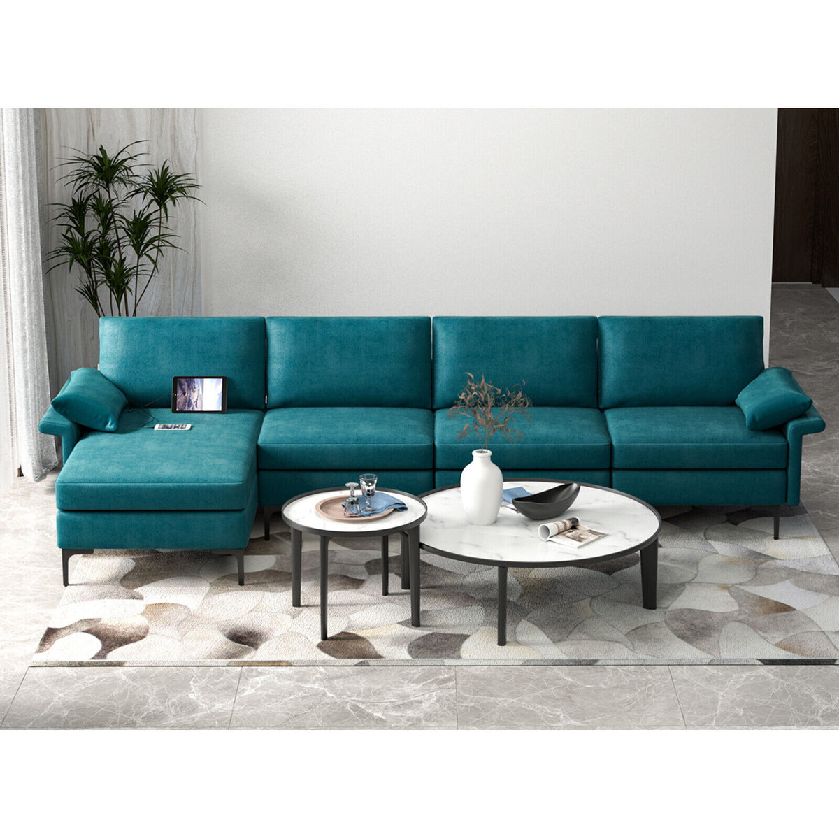 Extra Large L-shaped Sectional Sofa with Reversible Chaise and 2 USB Ports for 4-5 People-Peacock Blue-Sofas & Loveseats-DECOROLALA