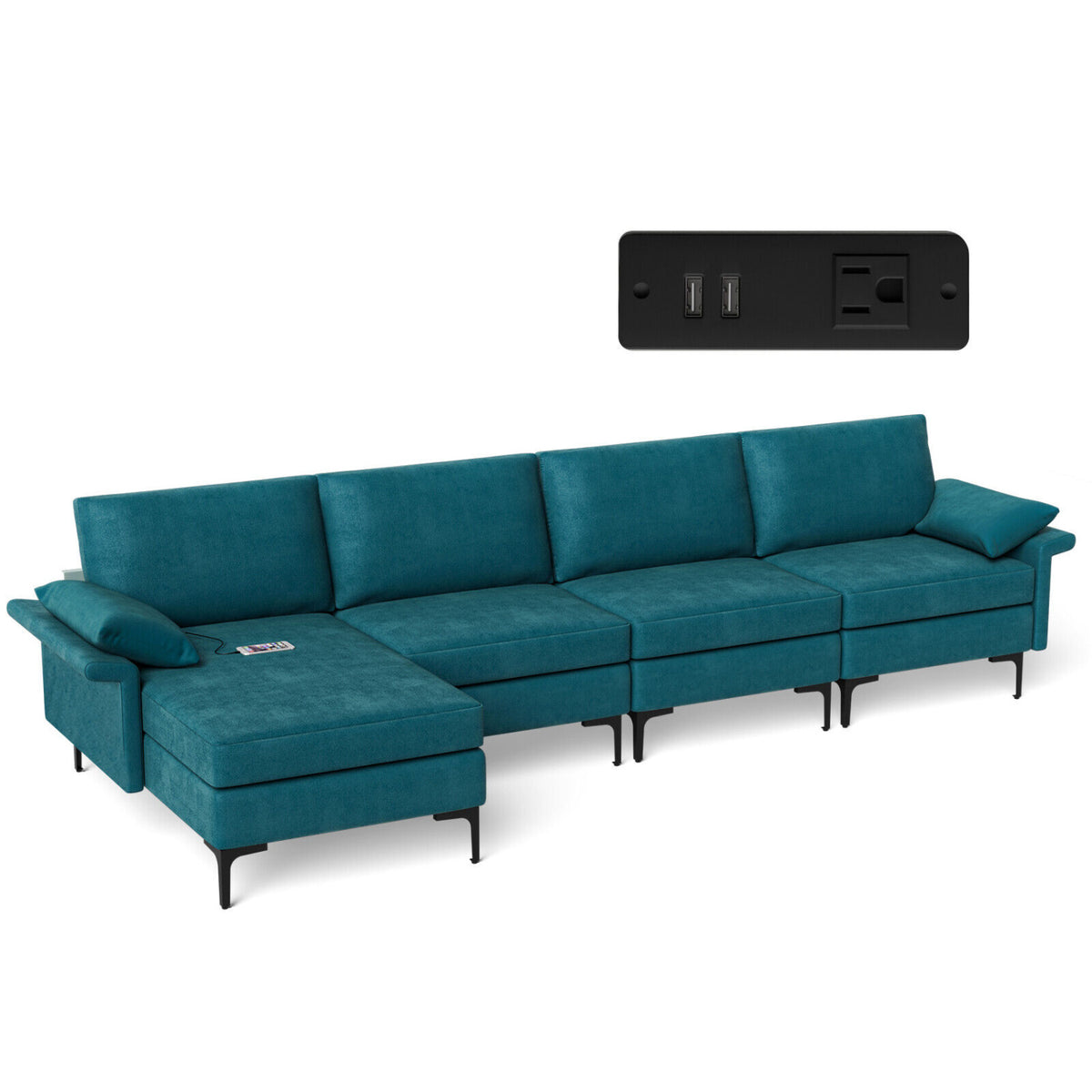 Extra Large L-shaped Sectional Sofa with Reversible Chaise and 2 USB Ports for 4-5 People-Peacock Blue-Sofas & Loveseats-DECOROLALA