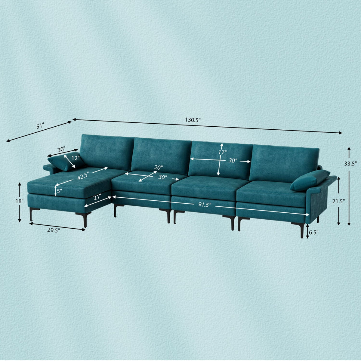 Extra Large L-shaped Sectional Sofa with Reversible Chaise and 2 USB Ports for 4-5 People-Peacock Blue-Sofas & Loveseats-DECOROLALA