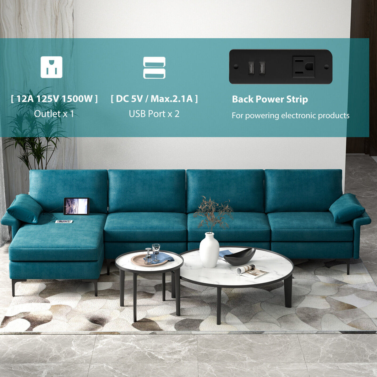 Extra Large L-shaped Sectional Sofa with Reversible Chaise and 2 USB Ports for 4-5 People-Peacock Blue-Sofas & Loveseats-DECOROLALA