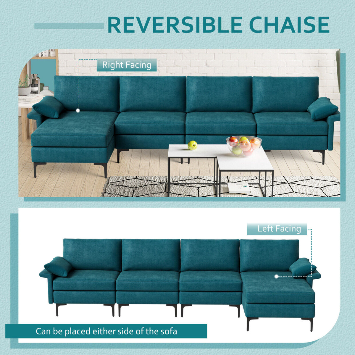 Extra Large L-shaped Sectional Sofa with Reversible Chaise and 2 USB Ports for 4-5 People-Peacock Blue-Sofas & Loveseats-DECOROLALA