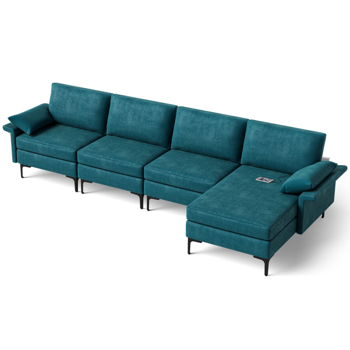 Extra Large L-shaped Sectional Sofa with Reversible Chaise and 2 USB Ports for 4-5 People-Peacock Blue-Sofas & Loveseats-DECOROLALA