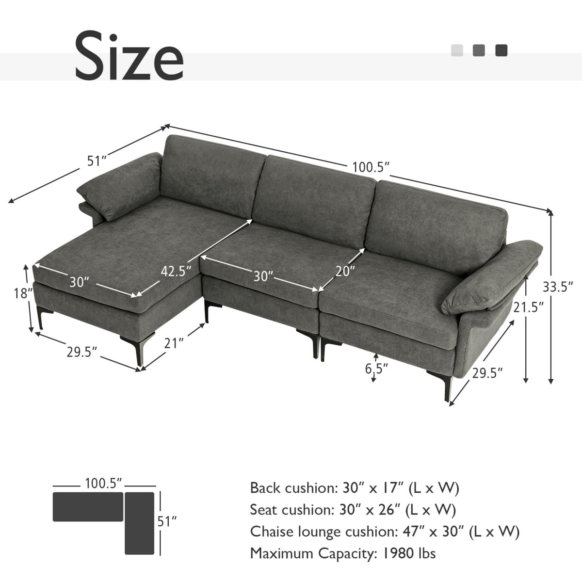 Modular L-Shaped Sectional Sofa with Storage & USB - Gray 100"-Sofas & Loveseats-DECOROLALA