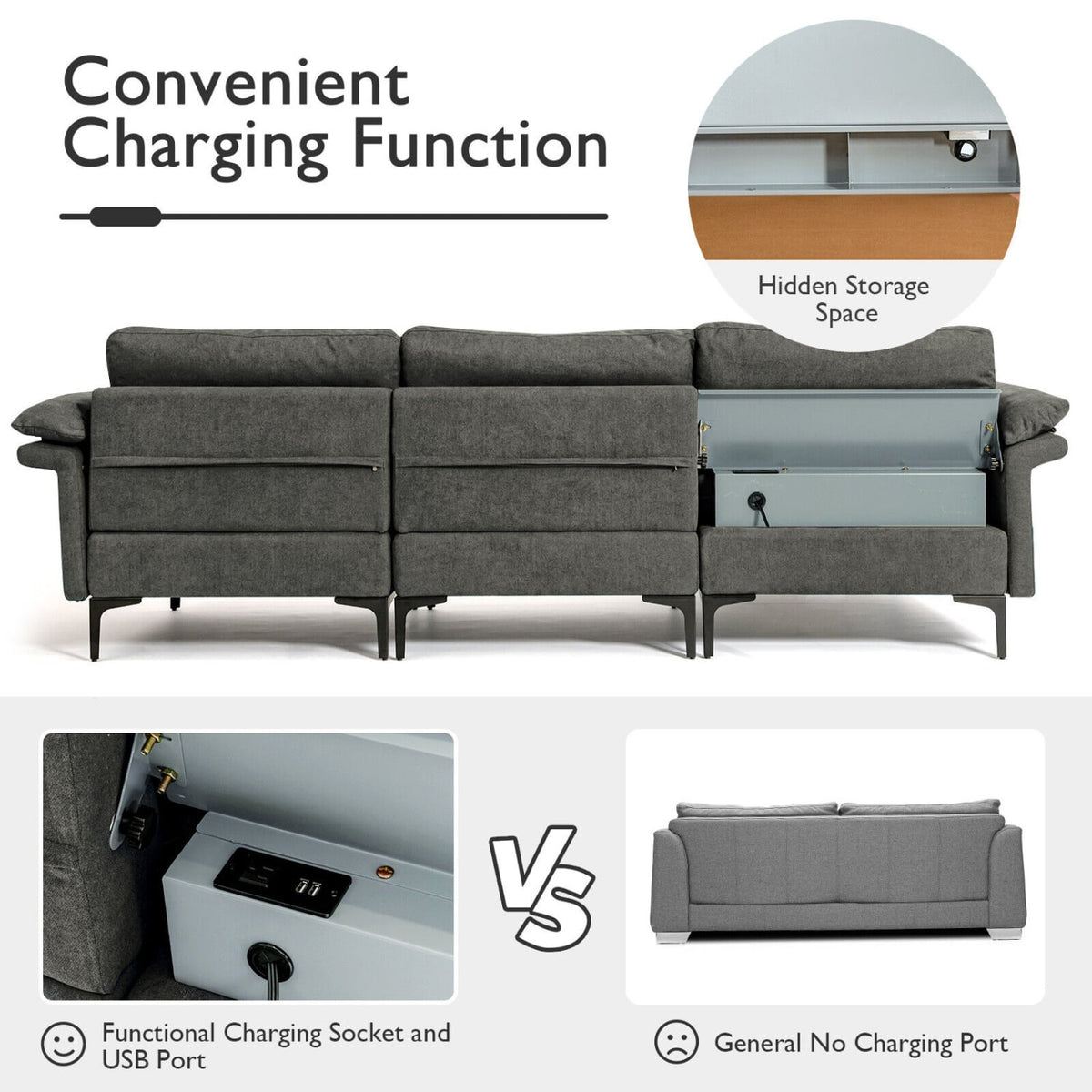 Modular L-Shaped Sectional Sofa with Storage & USB - Gray 100"-Sofas & Loveseats-DECOROLALA