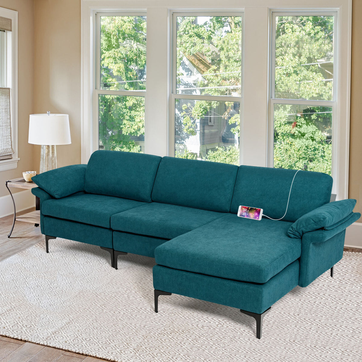 Extra Large Modular L-shaped Sectional Sofa with Reversible Chaise for 4-5 People-Peacock Blue-Sofas & Loveseats-DECOROLALA