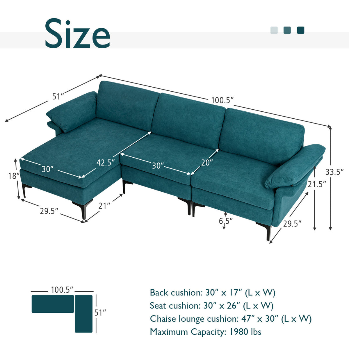 Extra Large Modular L-shaped Sectional Sofa with Reversible Chaise for 4-5 People-Peacock Blue-Sofas & Loveseats-DECOROLALA