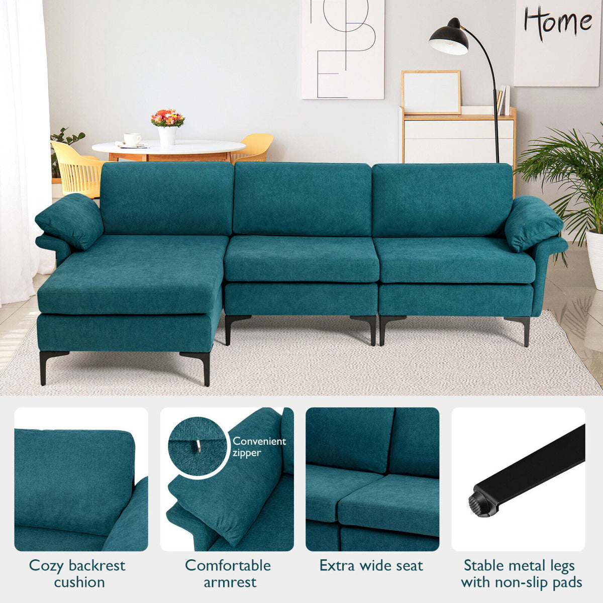 Extra Large Modular L-shaped Sectional Sofa with Reversible Chaise for 4-5 People-Peacock Blue-Sofas & Loveseats-DECOROLALA