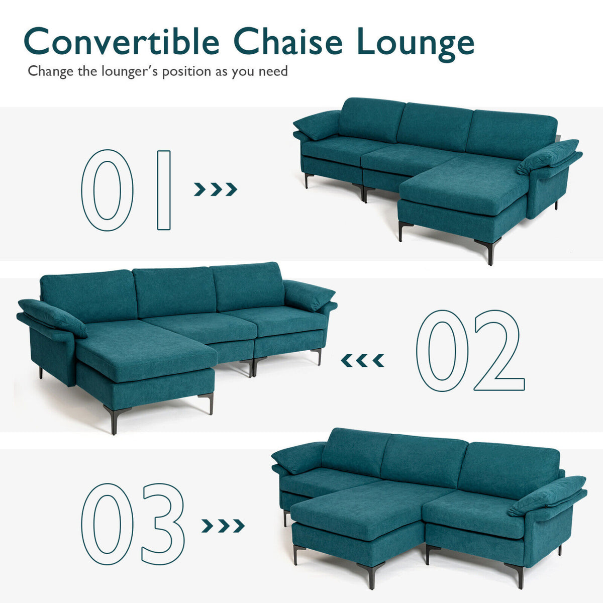Extra Large Modular L-shaped Sectional Sofa with Reversible Chaise for 4-5 People-Peacock Blue-Sofas & Loveseats-DECOROLALA