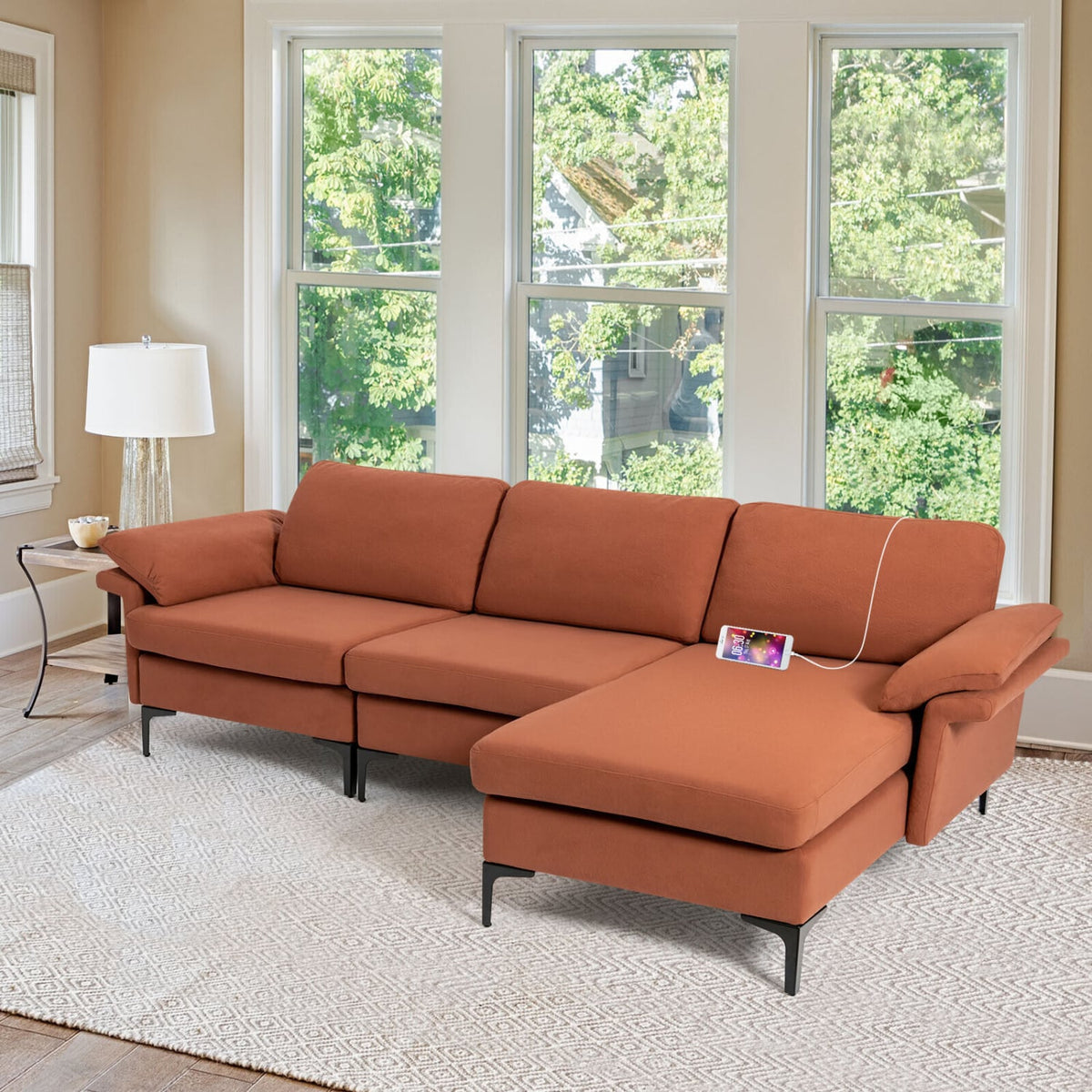 Modular L-Shaped Sectional Sofa with Storage & USB - Rust Red-Sofas & Loveseats-DECOROLALA