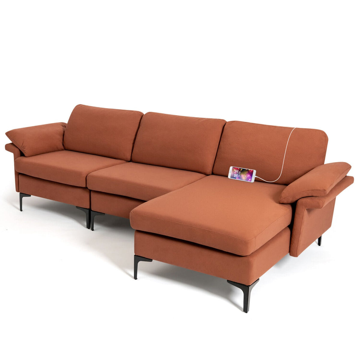Modular L-Shaped Sectional Sofa with Storage & USB - Rust Red-Sofas & Loveseats-DECOROLALA