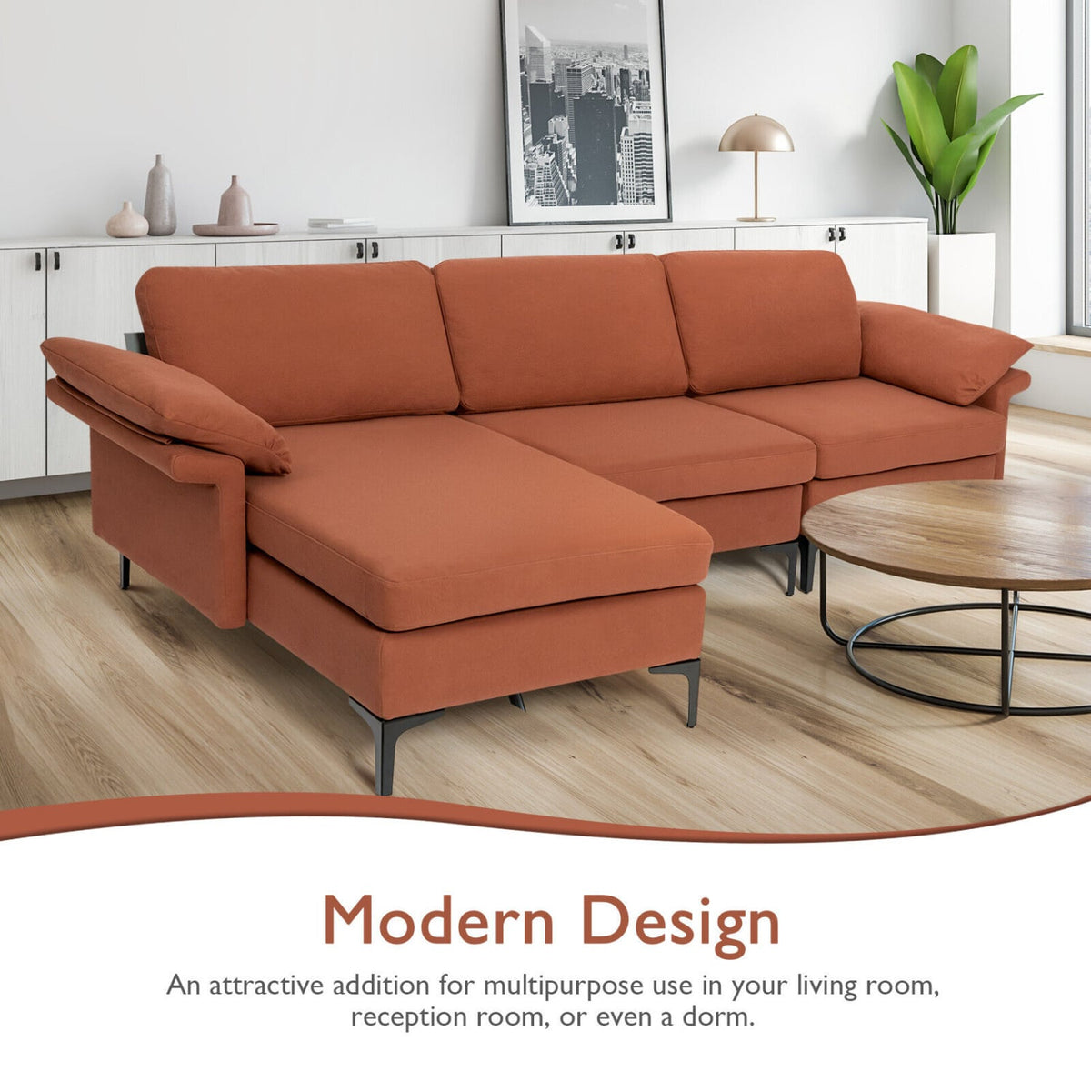 Modular L-Shaped Sectional Sofa with Storage & USB - Rust Red-Sofas & Loveseats-DECOROLALA