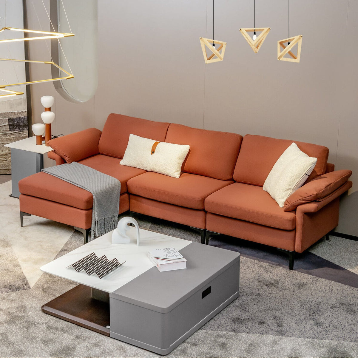 Modular L-Shaped Sectional Sofa with Storage & USB - Rust Red-Sofas & Loveseats-DECOROLALA