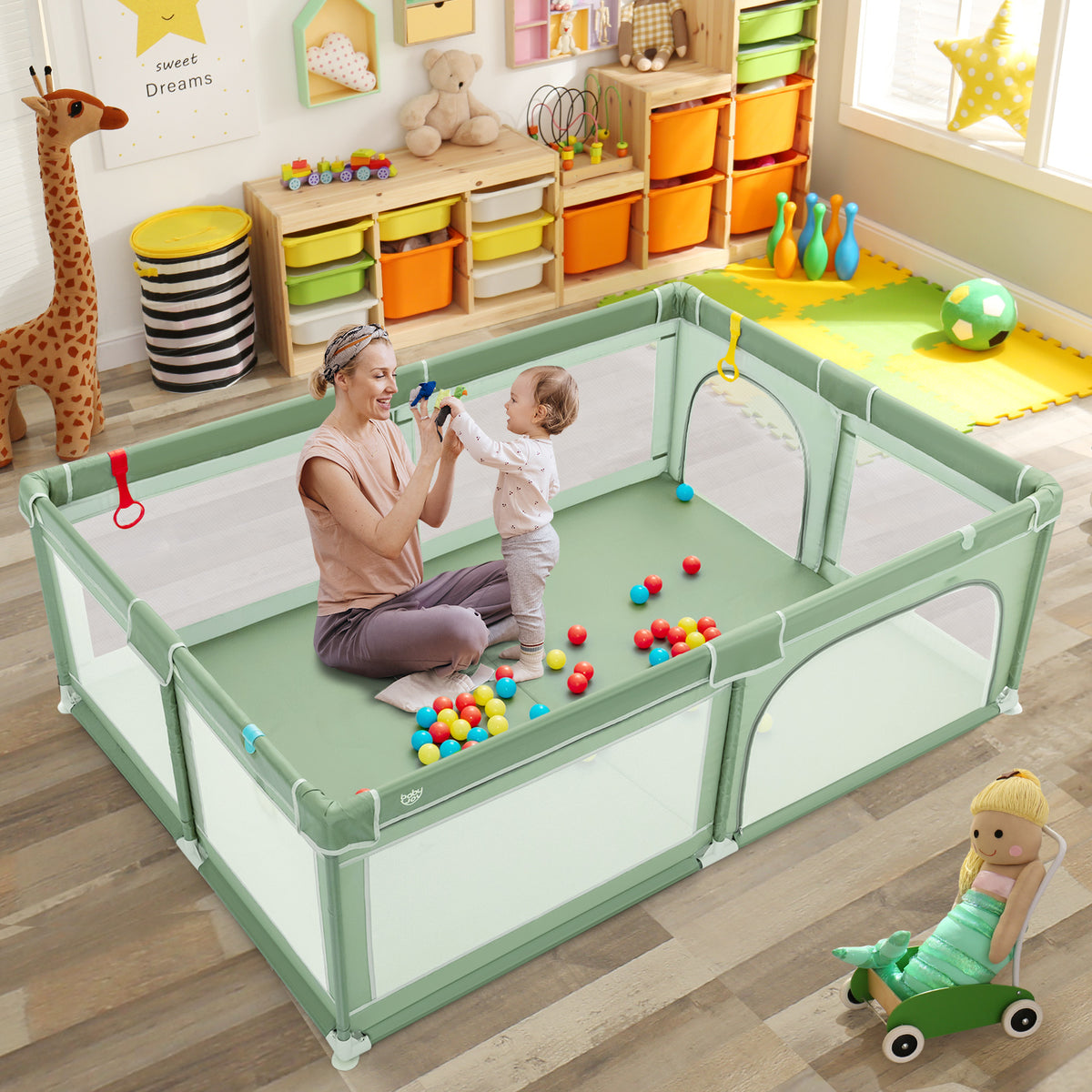 Extra-Large Safety Baby Fence with 50 Ocean Balls-Green-Baby Playpens & Playards-DECOROLALA